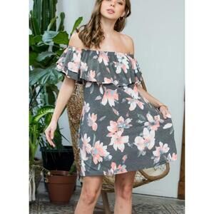 #1924 Sweet Lovely by Jen NWOT Gray Floral Off Shoulder Dress Pockets Size 1X-3X